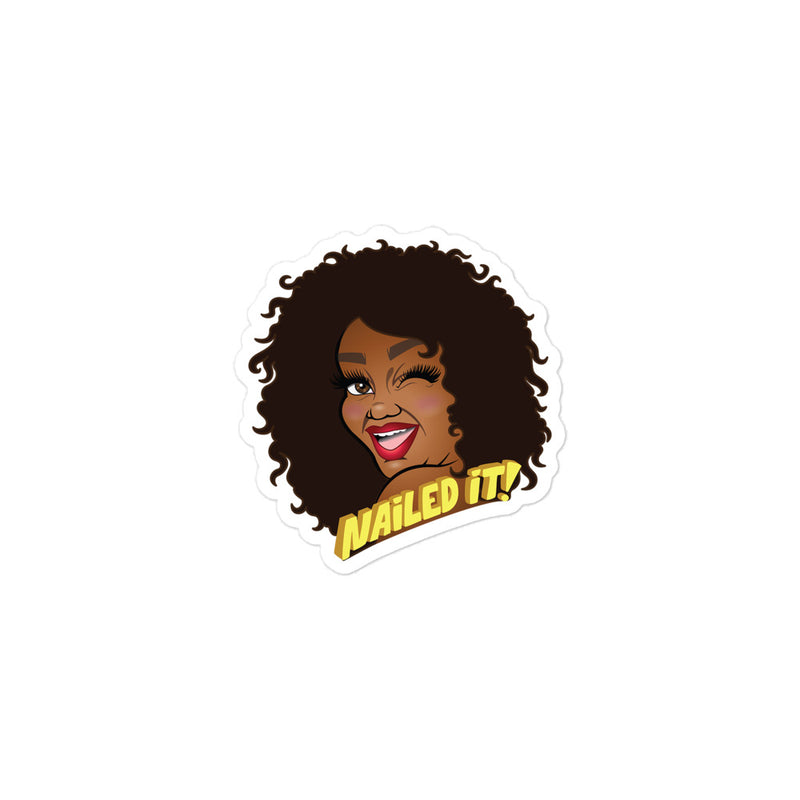 Sticker featuring cartoon illustration of a smiling woman with curly hair and the text 'Nailed It!'