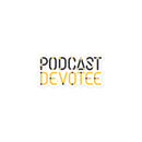 Sticker of black and yellow text saying 'PODCAST DEVOTEE' in bold font.