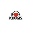 Sticker of bold black and text reading 'I Love Podcasts' featuring a red heart wearing headphones graphic.