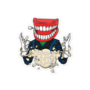 Sticker of a whimsical illustration of a man with a large mouth for a head, showcasing the text 'Comedy Bang! Bang!' with swirling lines.