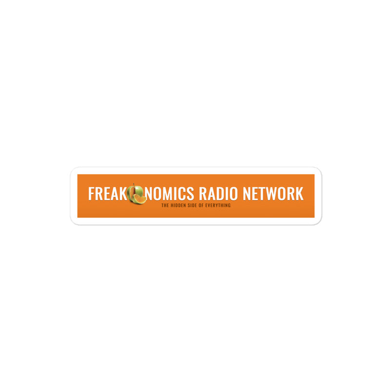Sticker of the 'Freakonomics Radio Network' logo featuring an orange background and the tagline 'The Hidden Side of Everything.'