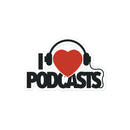 Sticker of bold black and text reading 'I Love Podcasts' featuring a red heart wearing headphones graphic.