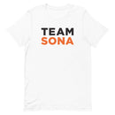White t-shirt with bold text that reads 'TEAM SONA' in black and orange.