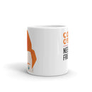 Side view of white mug with partial views of front and back designs.