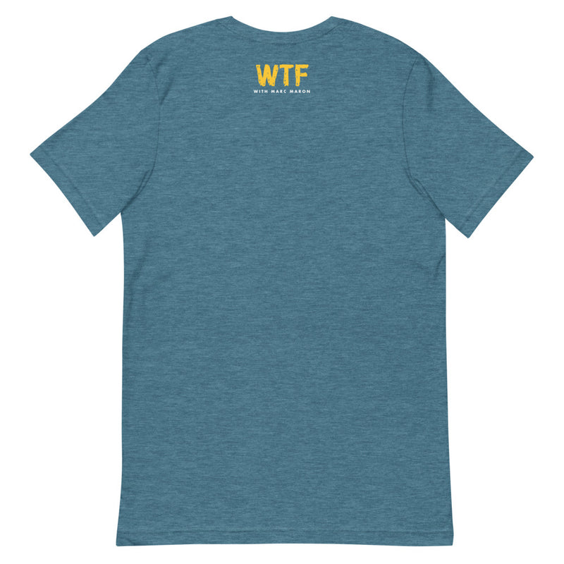 Blue t-shirt featuring 'WTF with Marc Maron' printed on the back in yellow text.