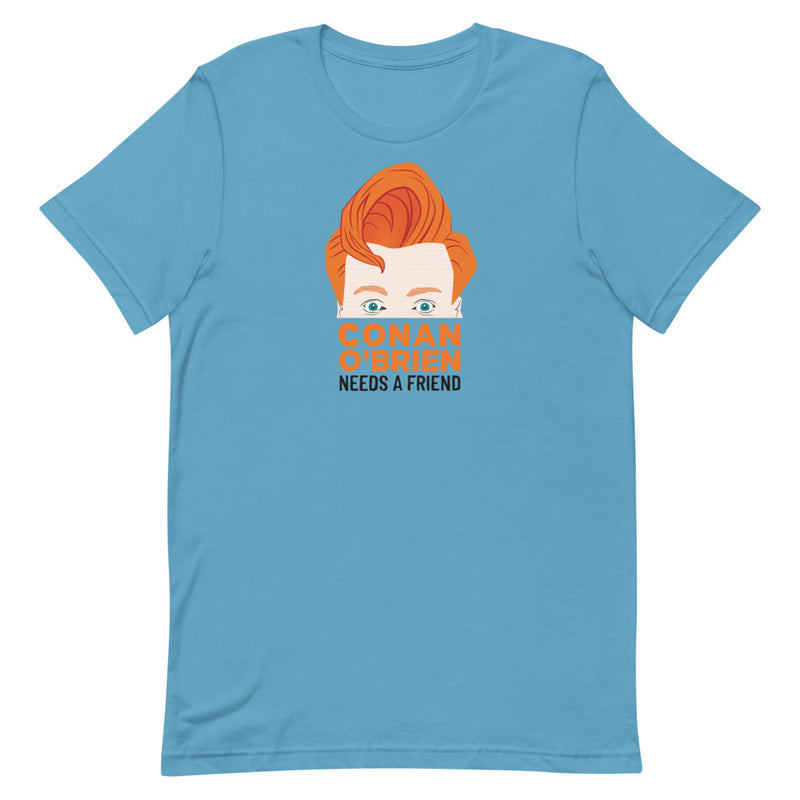 Cartoon illustration of a man with red hair and text reading 'CONAN O'BRIEN NEEDS A FRIEND' on a teal t-shirt.