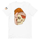 Graphic design of a half human face and half skull with brain and a partially visible 'Team Coco' logo on the sleeve of a white t-shirt.