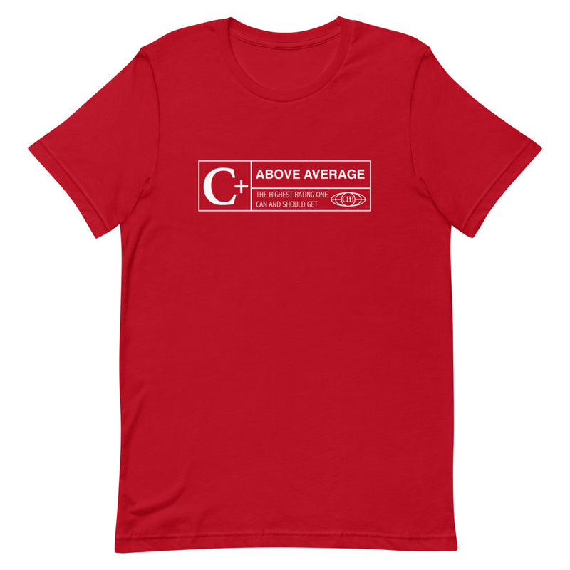Red t-shirt featuring 'C+ grade' text, stating above average and the highest rating one can achieve.