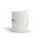 Side view of white mug featuring partially visible front and back designs.