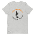 Grey t-shirt featuring a microphone graphic and the text 'Conan O'Brien Needs A Friend.'