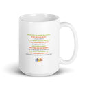 White mug with questions printed in colorful text about societal issues and human experience, featuring 'Stitcher' logo at the bottom.