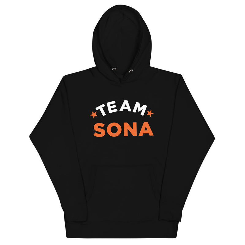 Black hoodie featuring 'TEAM SONA' in bold white and orange letters.