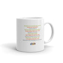 White mug with questions printed in colorful text about societal issues and human experience, featuring 'Stitcher' logo at the bottom.