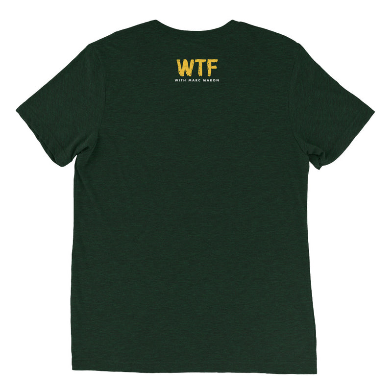 Green t-shirt featuring 'WTF with Marc Maron' printed on the back in yellow text.