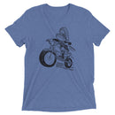 Blue T-shirt featuring a graphic of a rider on a motorcycle with the text 'Comedy Bang! Bang!'