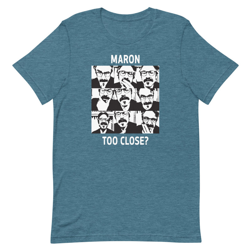 Aqua blue graphic tee featuring multiple expressions of a man with glasses, text reading 'MARON TOO CLOSE?'