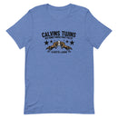 Blue graphic t-shirt featuring two head-butting horses artwork and the text reading 'Calvin's Twins.'