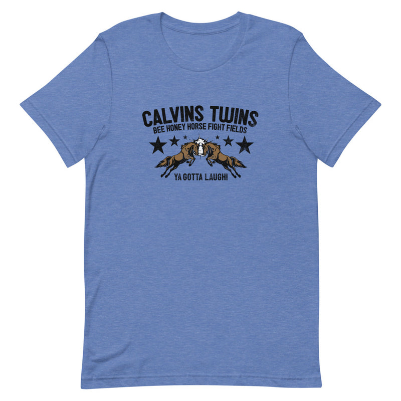 Blue graphic t-shirt featuring two head-butting horses artwork and the text reading 'Calvin's Twins.'