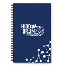 spiral notebook with navy cover featuring 'Hidden Brain' logo and storming text, decorated with white connecting nodes design
