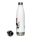 Side view of white insulated water bottle with partial view of colorful frontside graphic.