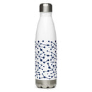 Stainless steel water bottle with white background and navy blue abstract design.