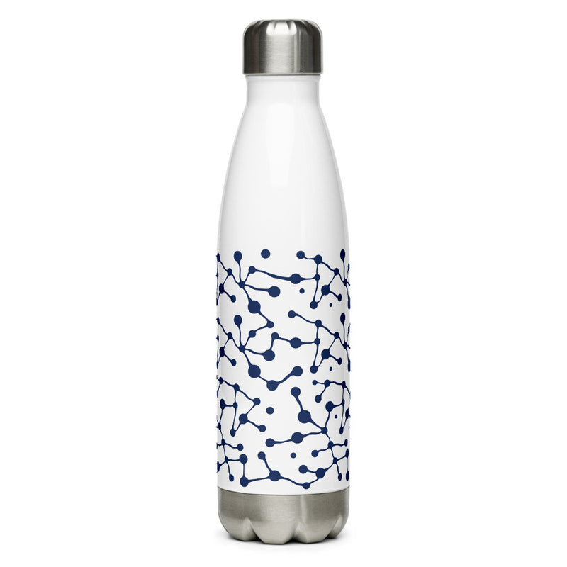 Stainless steel water bottle with white background and navy blue abstract design.