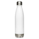 Back of stainless steel insulated water bottle with a white body and a metallic silver cap.