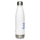 Side view of white bottle partially featuring front and back designs.