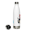 Side view of white insulated water bottle with partial view of colorful frontside graphic.