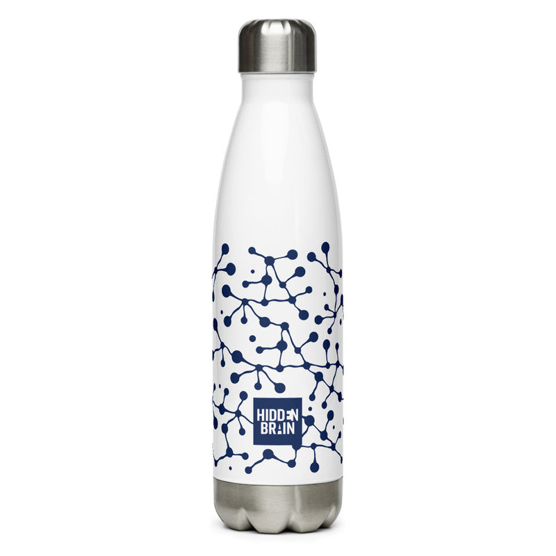 sleek white water bottle with a blue abstract design and 'Hidden Brain' logo at the base