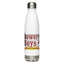 white stainless steel water bottle featuring the 'Bowery Boys logo' and text celebrating 15 years of podcasting