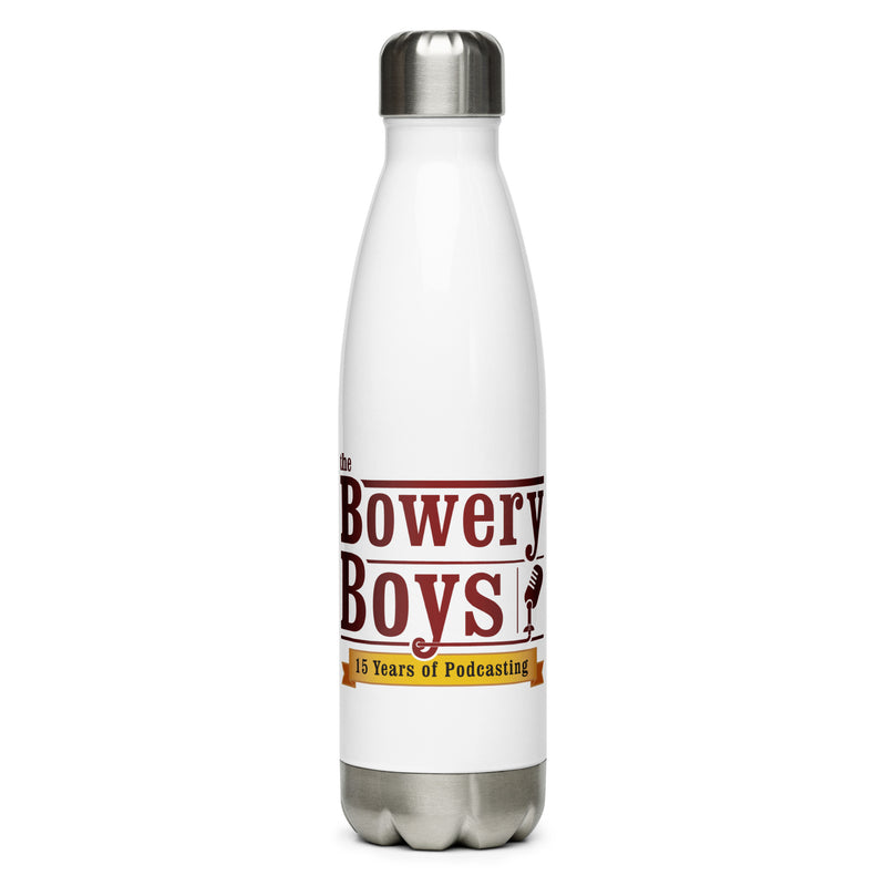 white stainless steel water bottle featuring the 'Bowery Boys logo' and text celebrating 15 years of podcasting