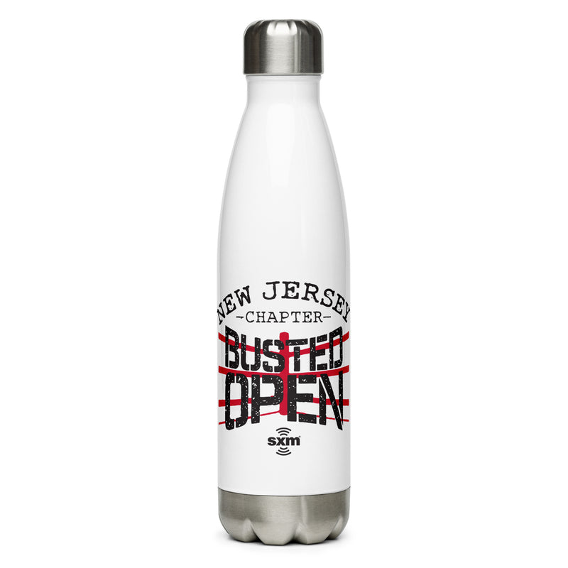 Stainless steel water bottle with text 'New Jersey Chapter Busted Open' design and 'SXM' logo.