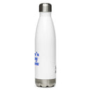 Side view of white bottle partially featuring front and back designs.