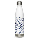 White stainless steel water bottle with blue molecular design on the surface and a metallic silver cap.