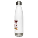 Insulated stainless steel water bottle with a white exterior and brown logo celebrating 15 years of The Bowery Boys.