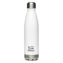 Backside of white stainless steel water bottle with text 'Tig and Cheryl: True Story' in blue lettering.