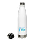 Back side of white stainless steel water bottle with a silver cap, featuring the text 'COMEDY BANG! BANG! BANG!' in blue.