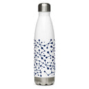Stylish water bottle with a sleek white body and blue molecular design. Silver stainless steel cap at the top.