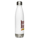 Insulated stainless steel water bottle with a white exterior and brown logo celebrating 15 years of The Bowery Boys.
