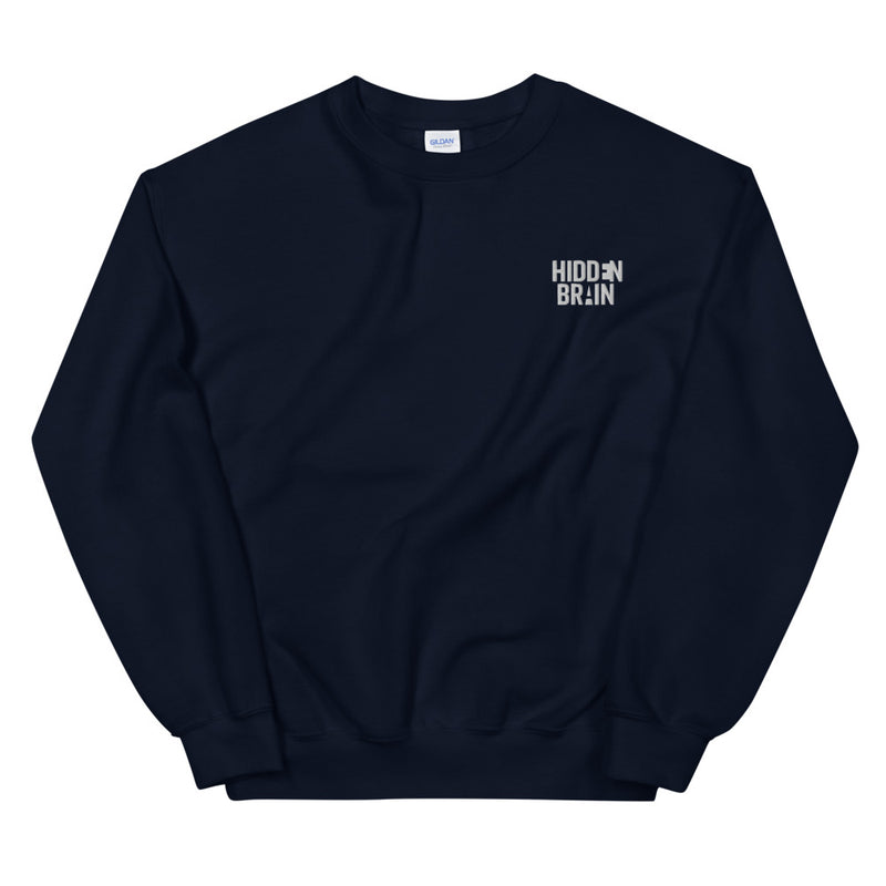 navy sweatshirt with the text 'Hidden Brain' on the front