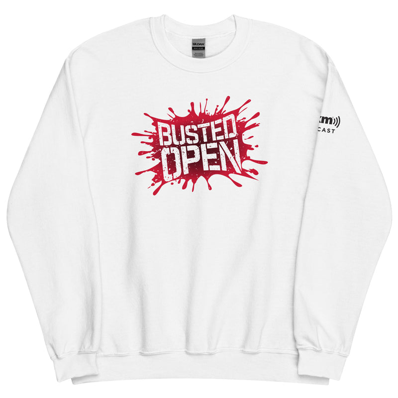 White sweatshirt featuring red splattered graphic with the text 'BUSTED OPEN.'
