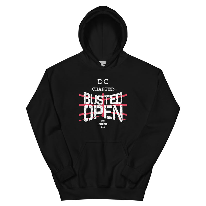 Black hoodie featuring 'Busted Open DC Chapter EST. 2009' text in red and white graphics.