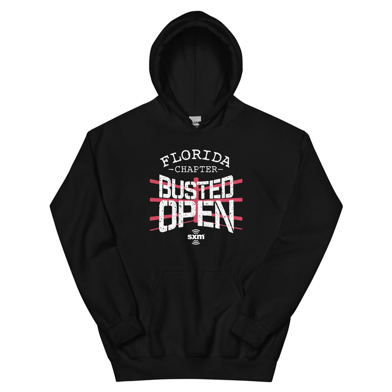 Black hoodie featuring 'Busted Open Florida Chapter EST. 2009' text in red and white graphics.