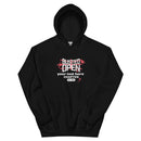 Black hoodie with text 'BUSTED OPEN your text here CHAPTER EST. 2009' and red splatter graphic.