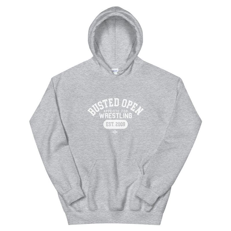 Light grey hoodie with white text reading 'Busted Open Appetite for Wrestling EST. 2009.'