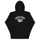 Black hoodie with white text reading 'Busted Open Appetite for Wrestling Est. 2009.'