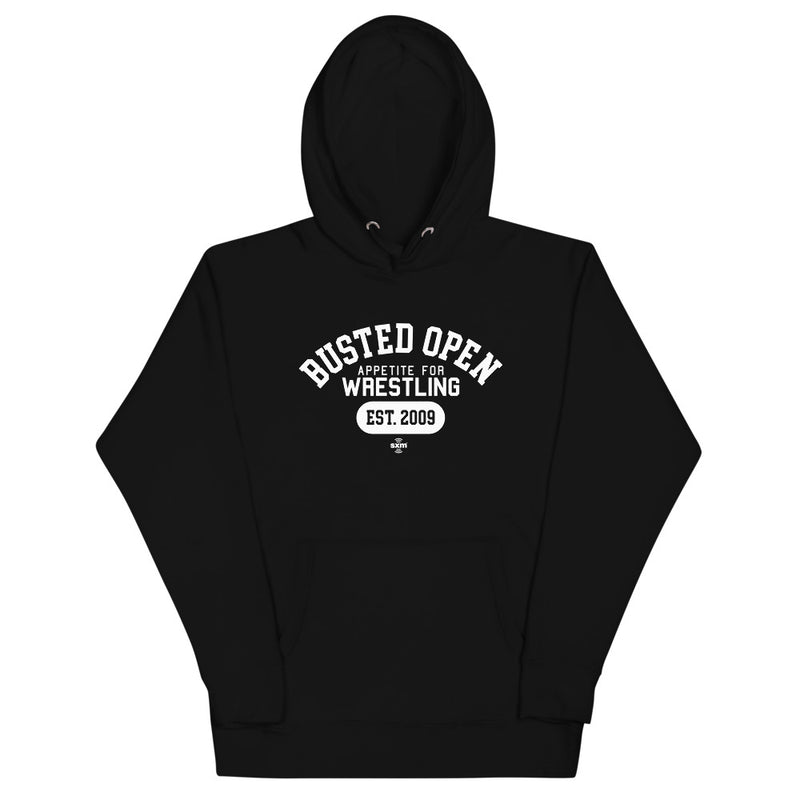 Black hoodie with white text reading 'Busted Open Appetite for Wrestling Est. 2009.'
