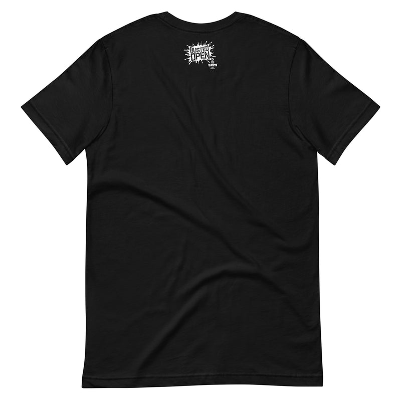 Black t-shirt featuring a logo on the upper back with the text 'Busted Open.'