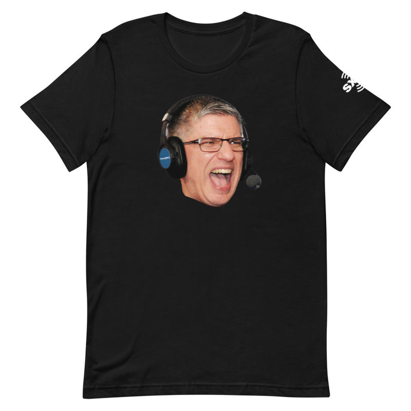 Black t-shirt featuring a large head graphic of a man with glasses and a headset, appearing to shout or cheer.